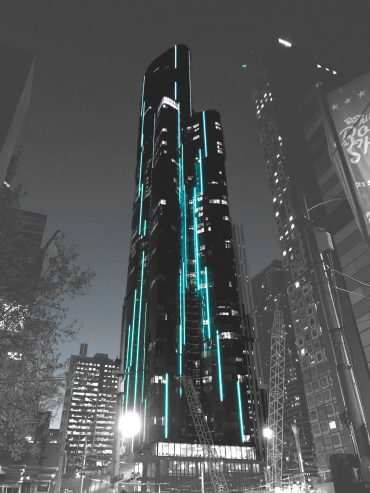 LED feature lighting running up facade of Aurora Tower in Melbourne CBD