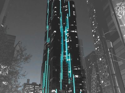 LED feature lighting running up facade of Aurora Tower in Melbourne CBD