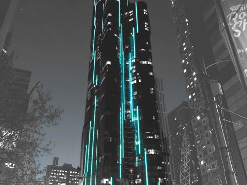 LED feature lighting running up facade of Aurora Tower in Melbourne CBD