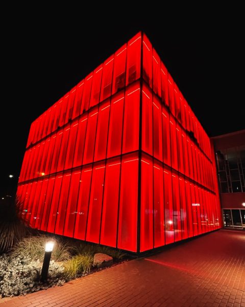 The glass cube building of broadmeadows town hall is seen from the pathway illuminated in red