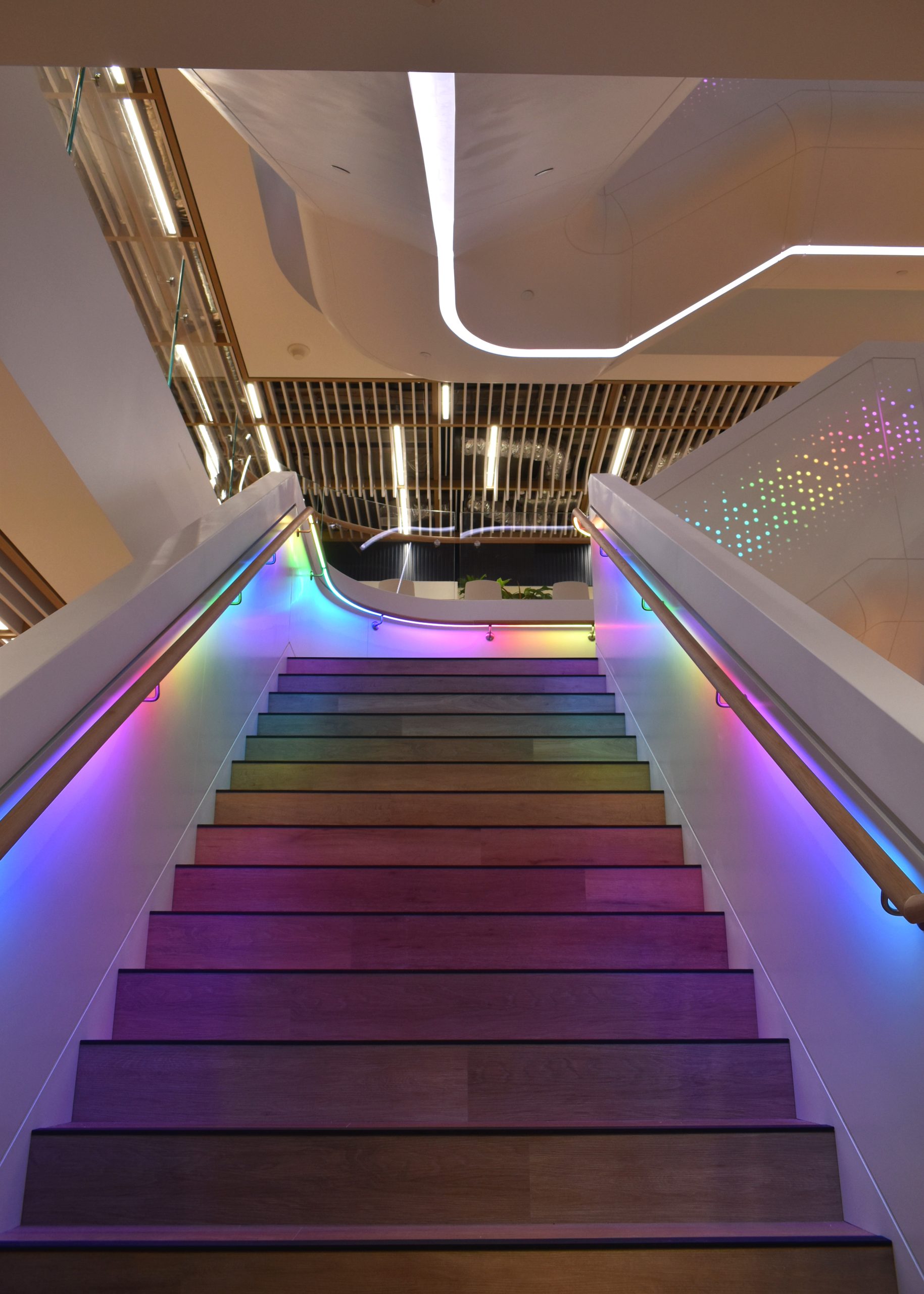 Microsoft stairwell corian staircase intelligent lighting feature lighting Sydney WHITE beam and RGBW LED